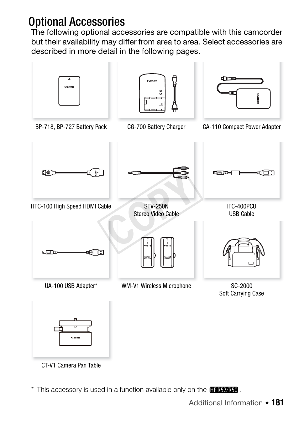 General information, Optional accessories, 181 general information | Cop y | Canon VIXIA HF R52 User Manual | Page 181 / 200