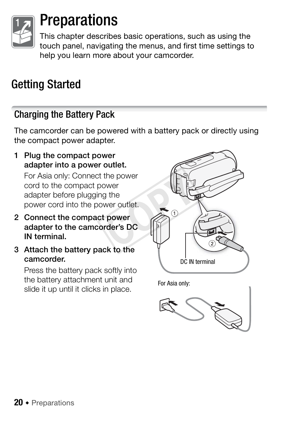 Preparations, Getting started, Charging the battery pack | Cop y | Canon VIXIA HF R52 User Manual | Page 20 / 200