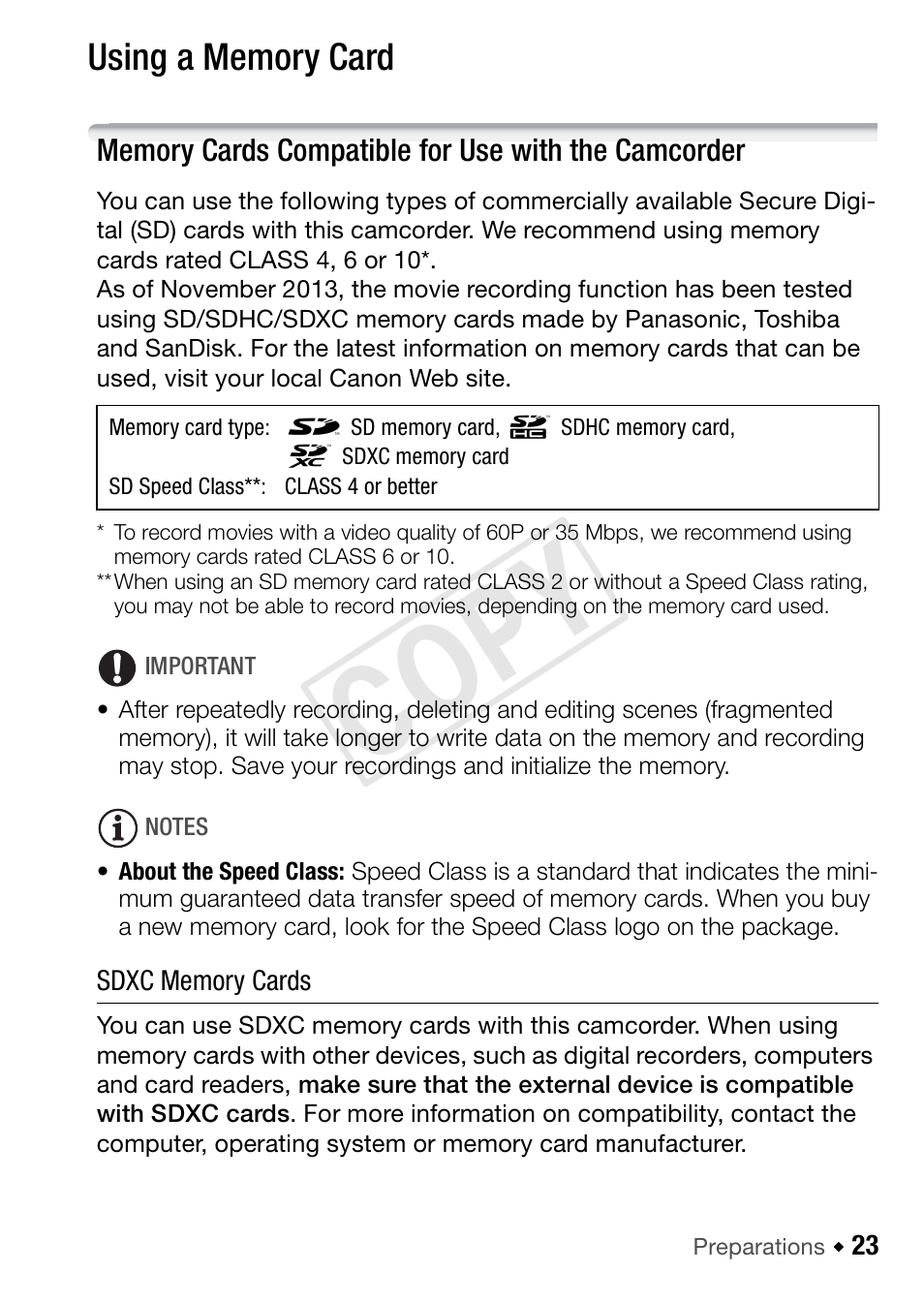 Using a memory card, Memory cards compatible for use with the camcorder, Cop y | Canon VIXIA HF R52 User Manual | Page 23 / 200
