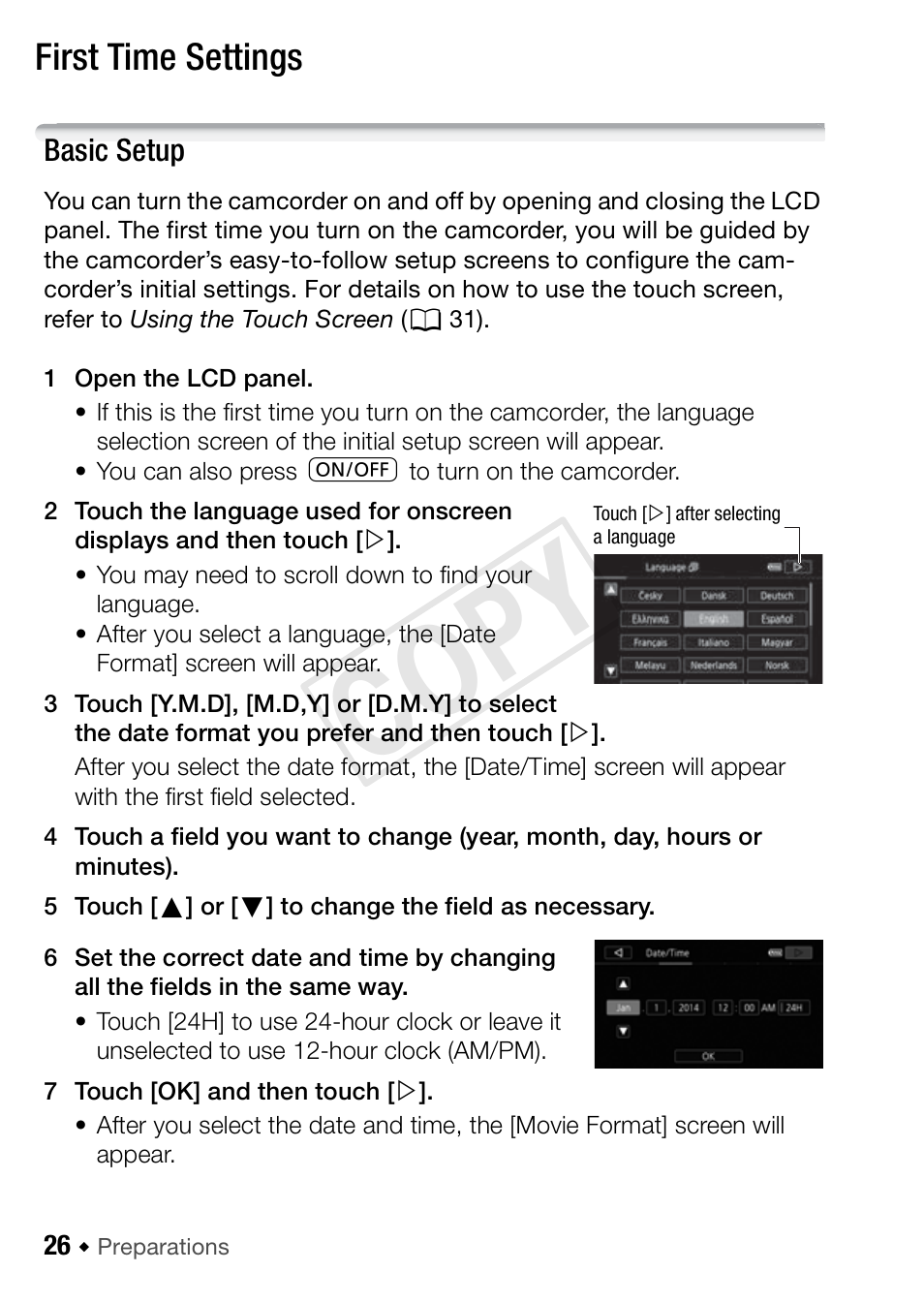 First time settings, Basic setup, Cop y | Canon VIXIA HF R52 User Manual | Page 26 / 200