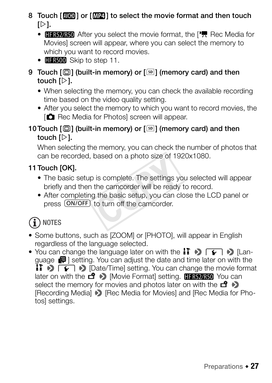 Cop y | Canon VIXIA HF R52 User Manual | Page 27 / 200