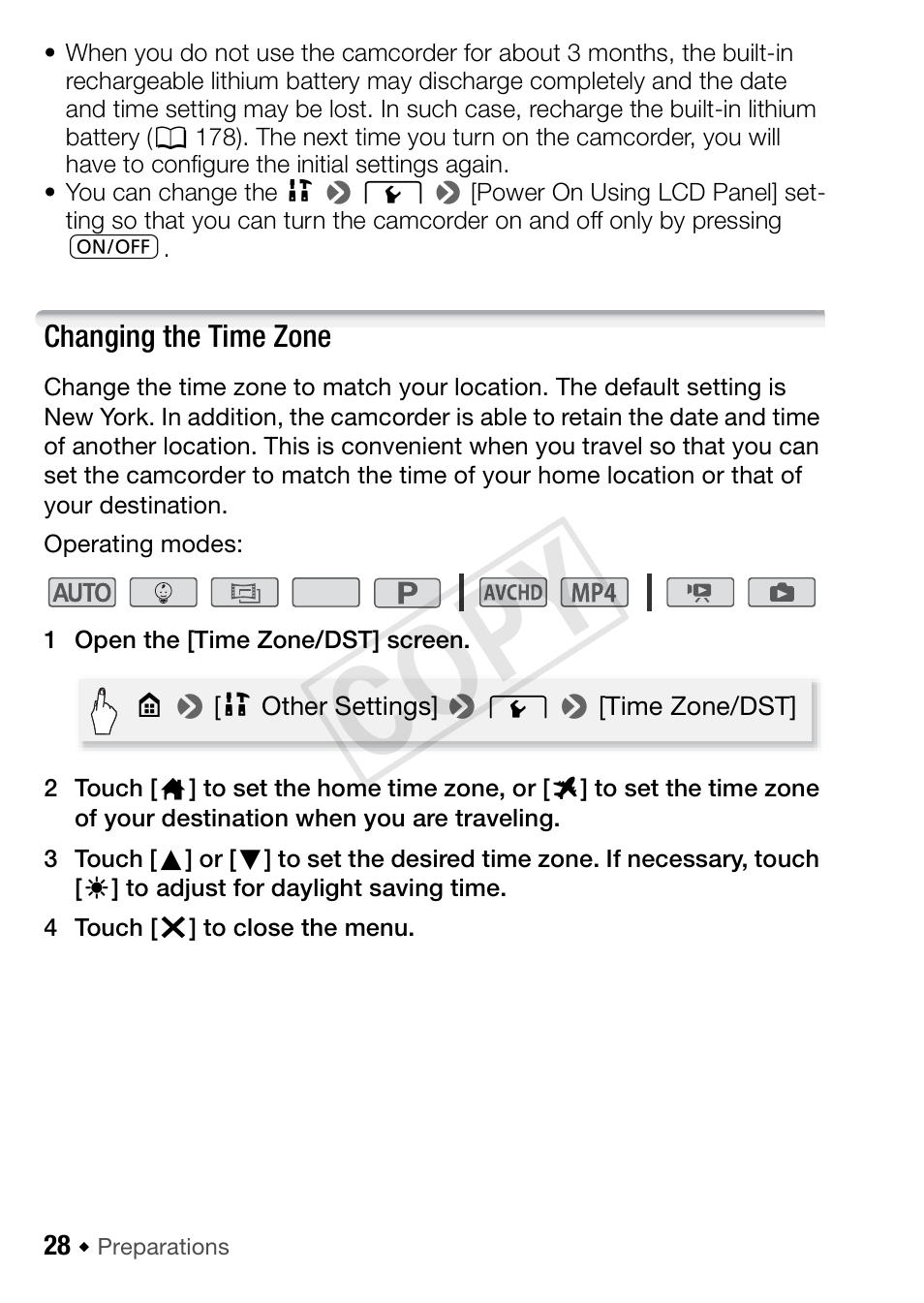 Changing the time zone, Cop y | Canon VIXIA HF R52 User Manual | Page 28 / 200