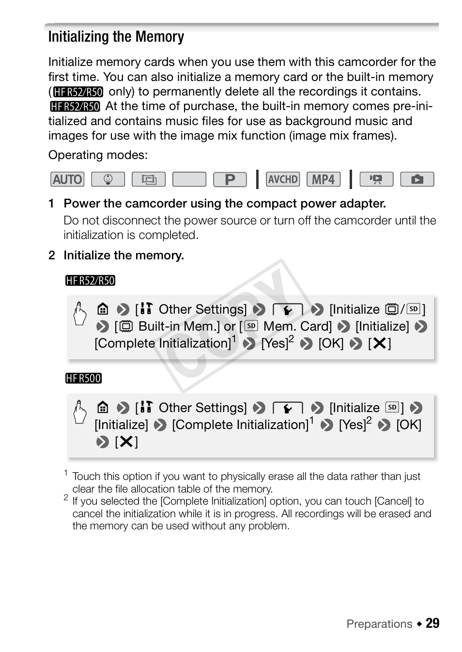 Initializing the memory, Cop y | Canon VIXIA HF R52 User Manual | Page 29 / 200