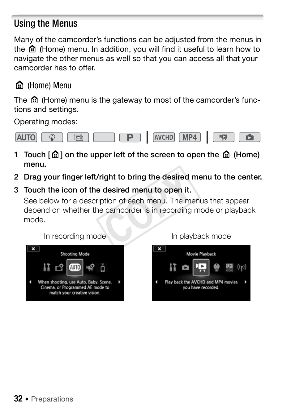 Using the menus, Cop y | Canon VIXIA HF R52 User Manual | Page 32 / 200