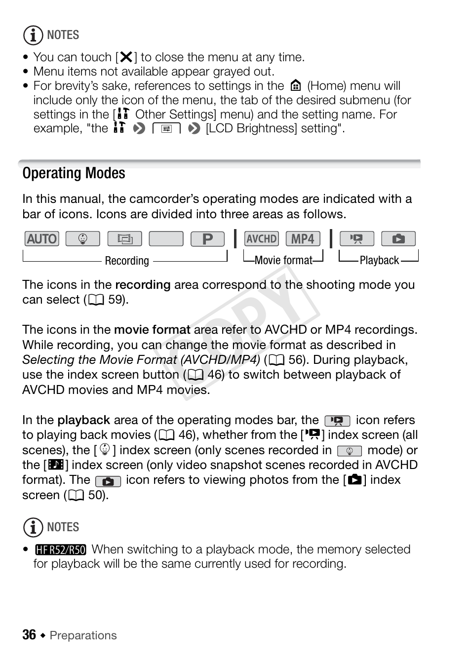 Operating modes, C op y | Canon VIXIA HF R52 User Manual | Page 36 / 200