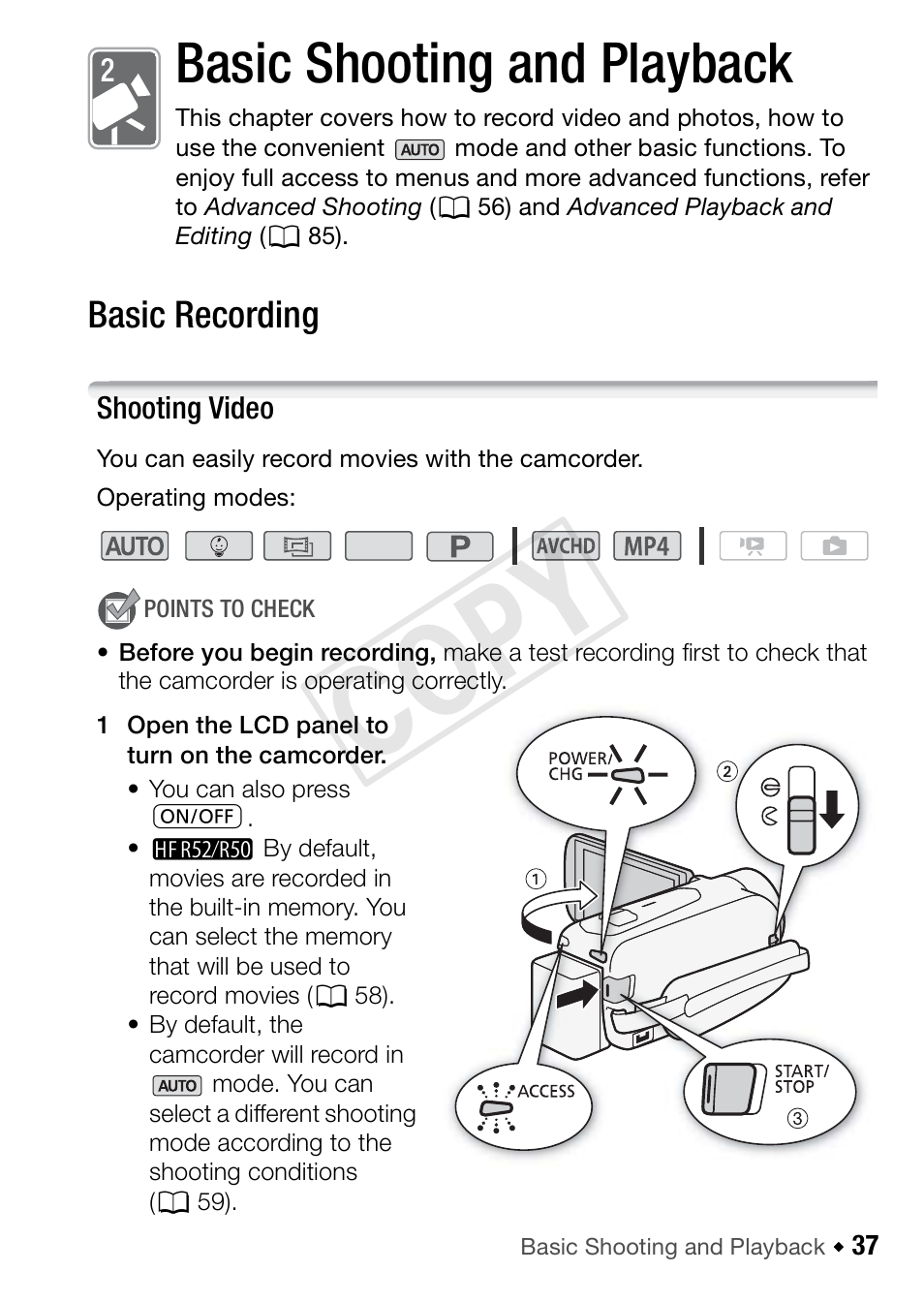 Basic shooting and playback, Basic recording, Shooting video | Cop y | Canon VIXIA HF R52 User Manual | Page 37 / 200