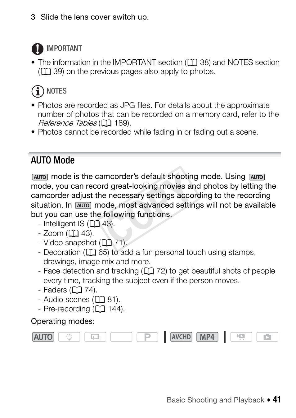 Auto mode, Cop y | Canon VIXIA HF R52 User Manual | Page 41 / 200