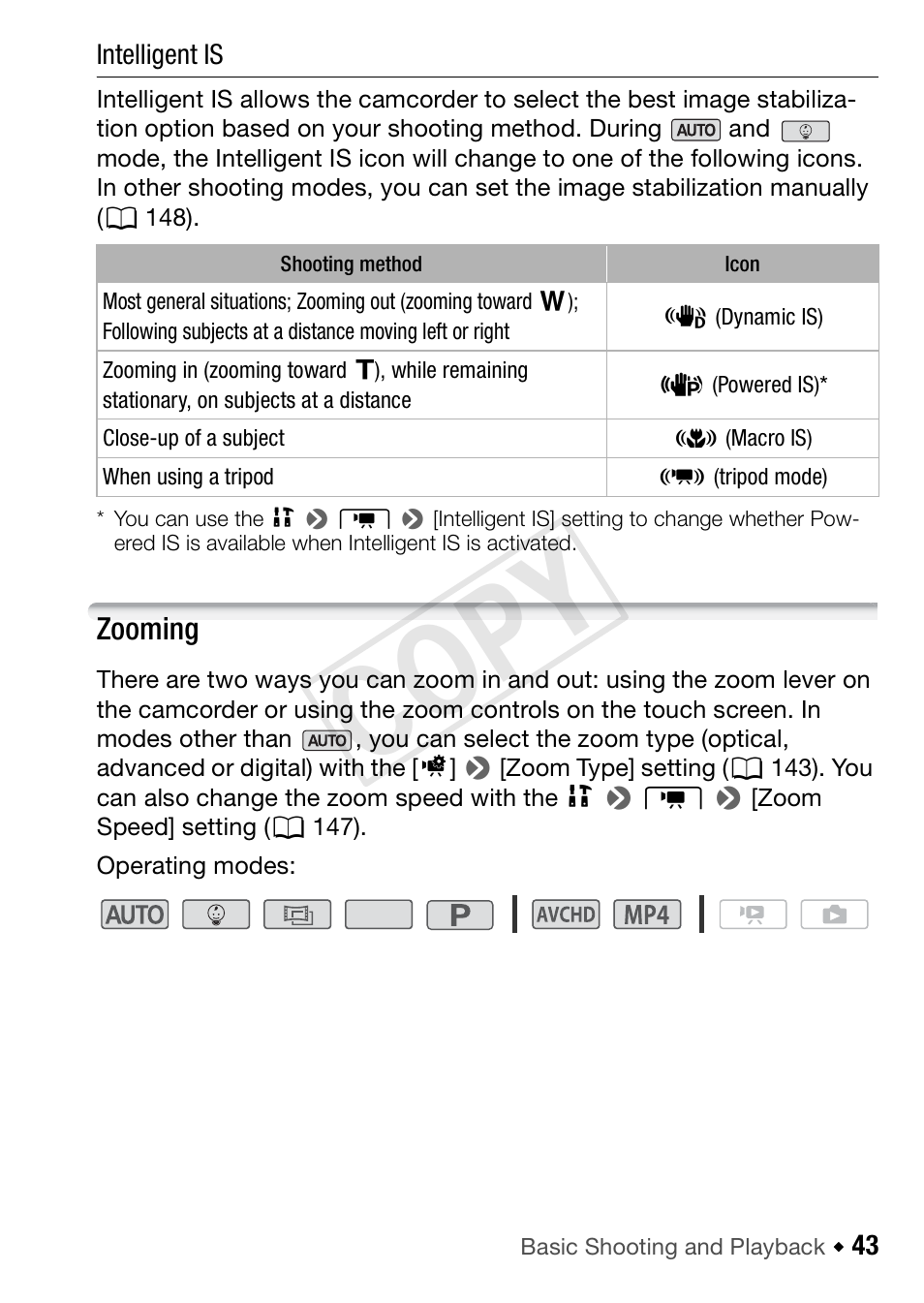 Zooming, Cop y | Canon VIXIA HF R52 User Manual | Page 43 / 200