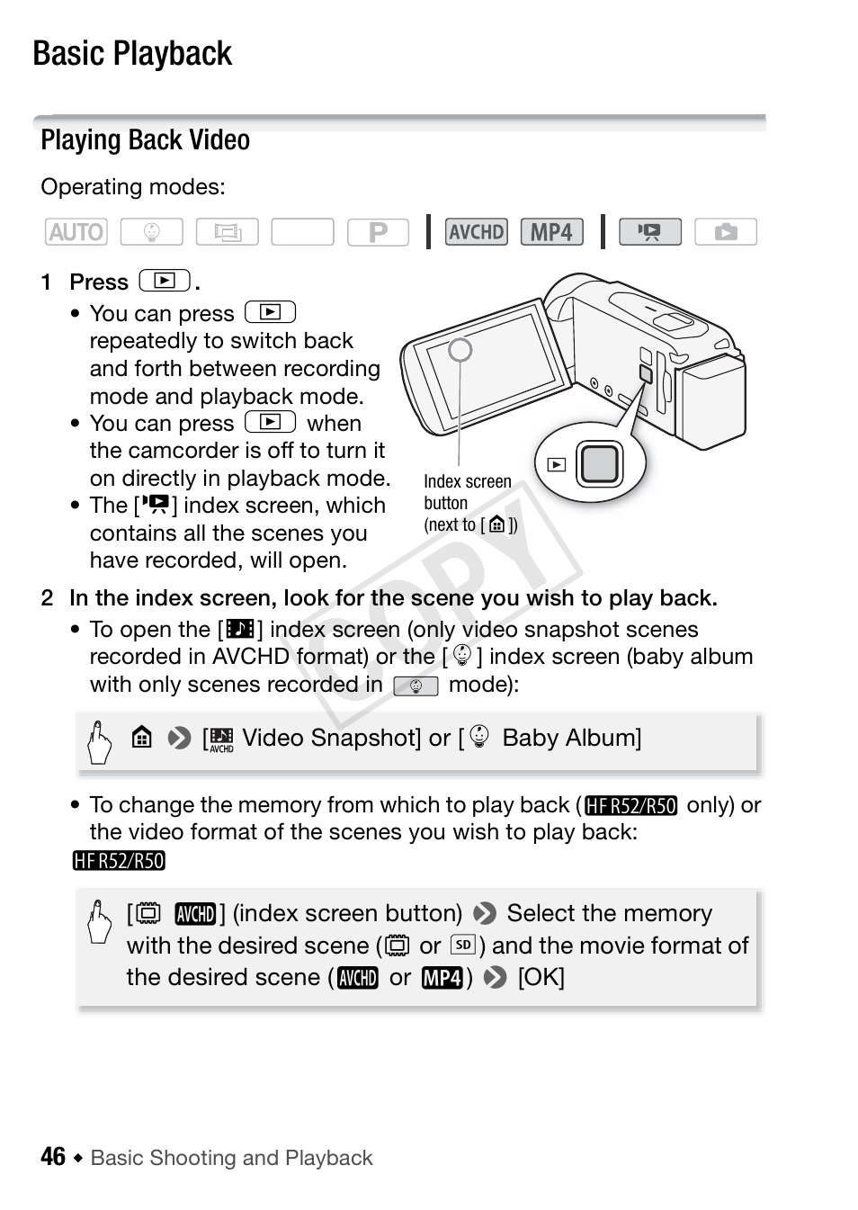 Basic playback, Playing back video, Cop y | Canon VIXIA HF R52 User Manual | Page 46 / 200