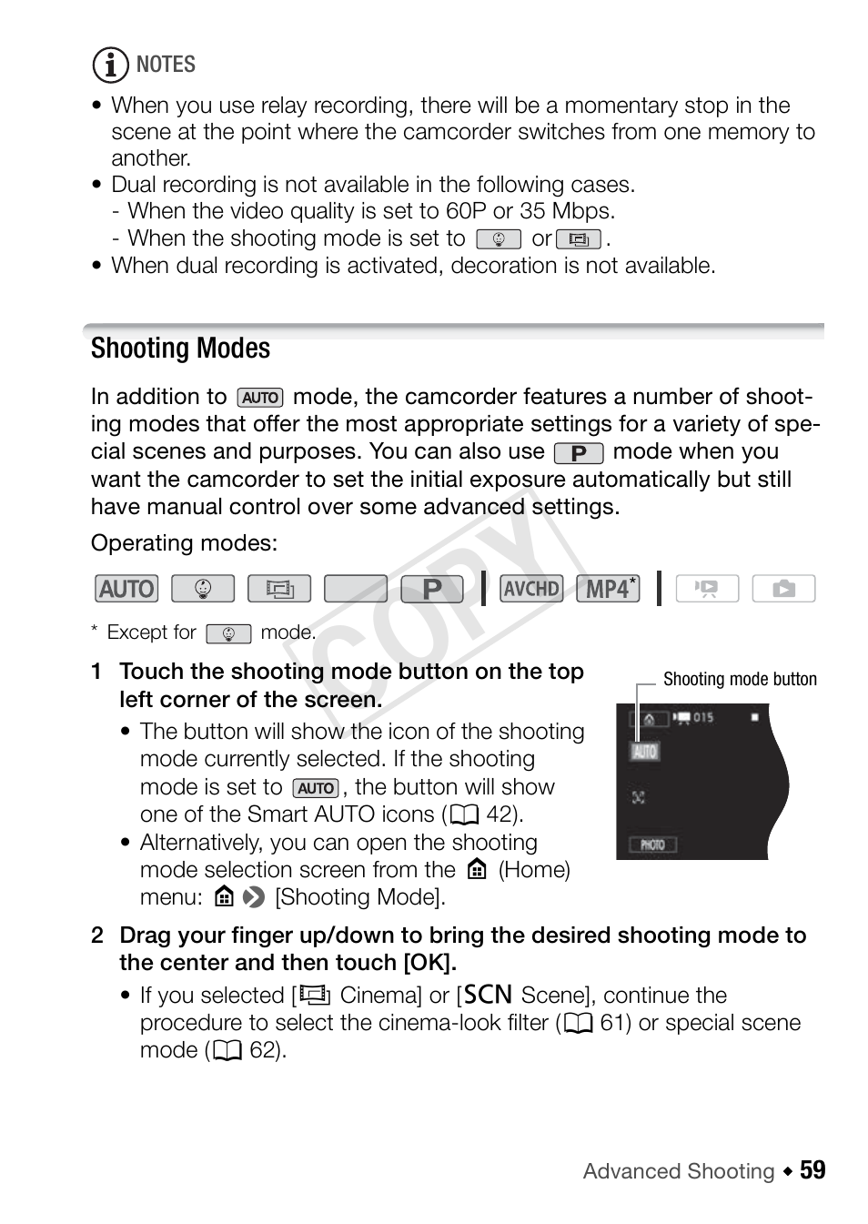 Shooting modes, Cop y | Canon VIXIA HF R52 User Manual | Page 59 / 200
