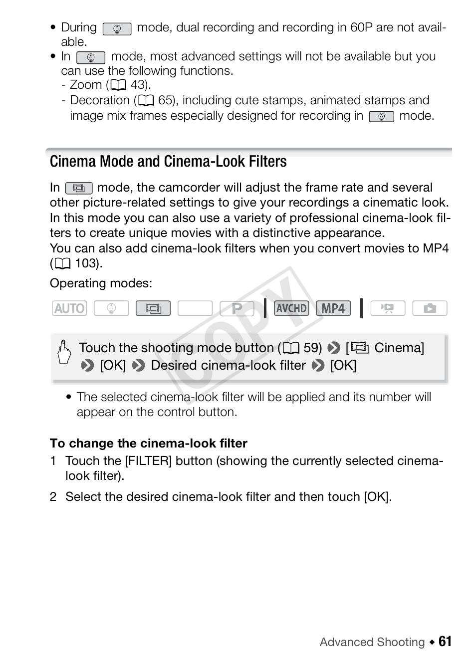 Cinema mode and cinema-look filters, Cop y | Canon VIXIA HF R52 User Manual | Page 61 / 200