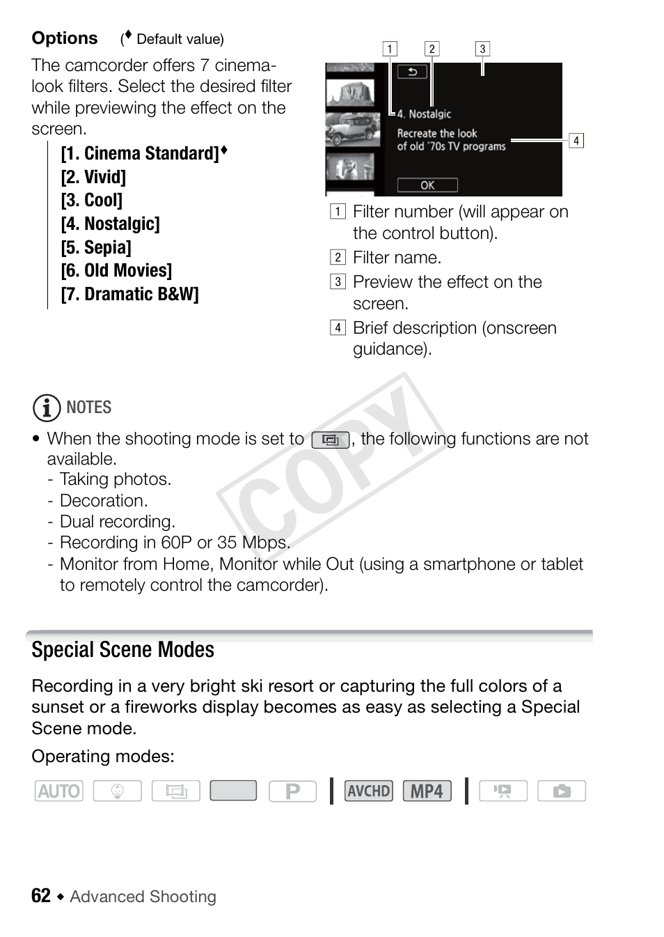 Special scene modes, Cop y | Canon VIXIA HF R52 User Manual | Page 62 / 200