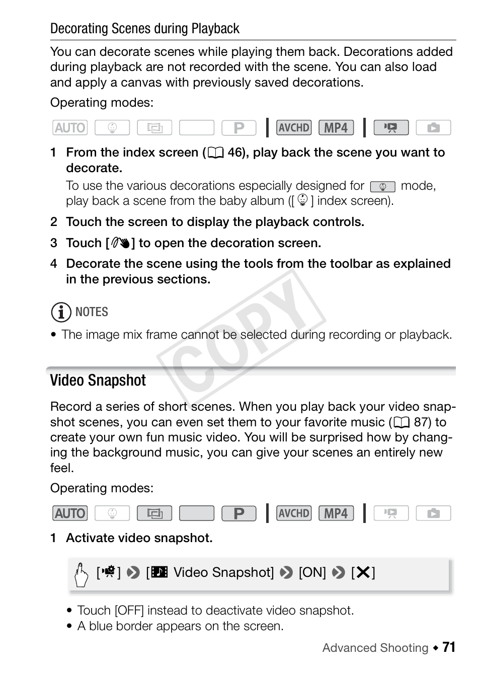Video snapshot, Cop y | Canon VIXIA HF R52 User Manual | Page 71 / 200