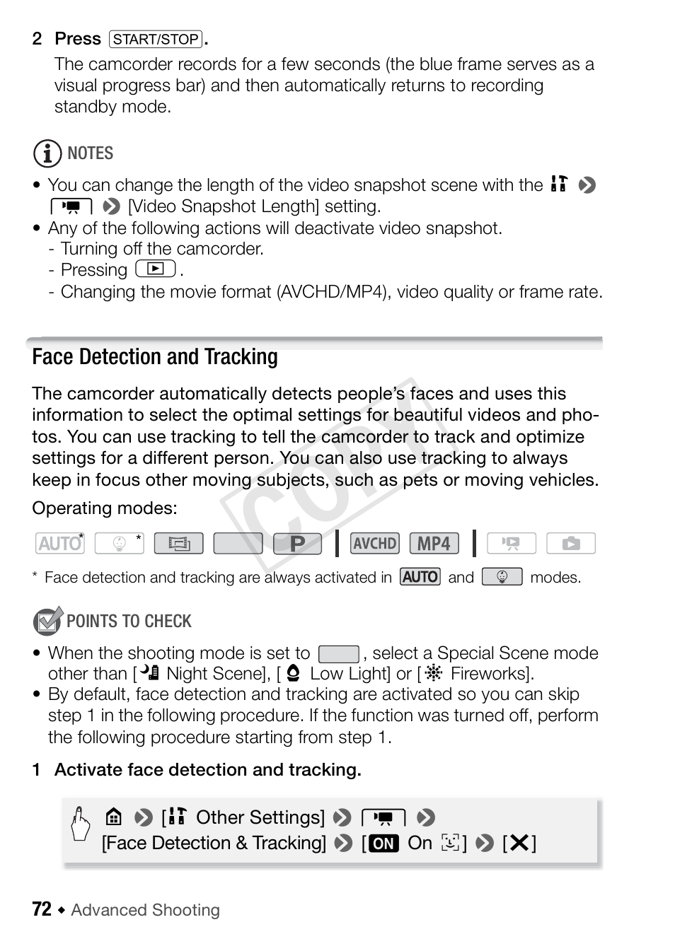 Face detection and tracking, Cop y | Canon VIXIA HF R52 User Manual | Page 72 / 200