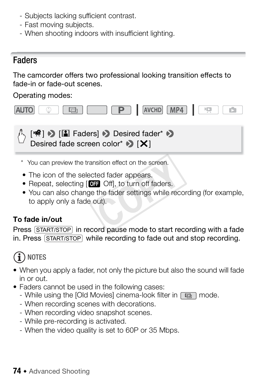 Faders, Cop y | Canon VIXIA HF R52 User Manual | Page 74 / 200