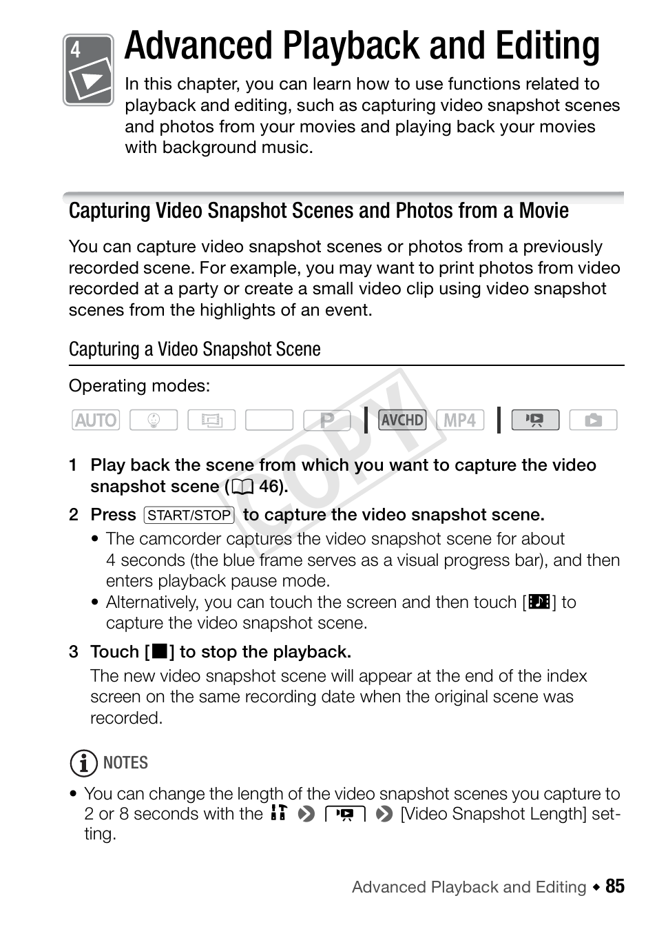 Advanced playback and editing, Cop y | Canon VIXIA HF R52 User Manual | Page 85 / 200