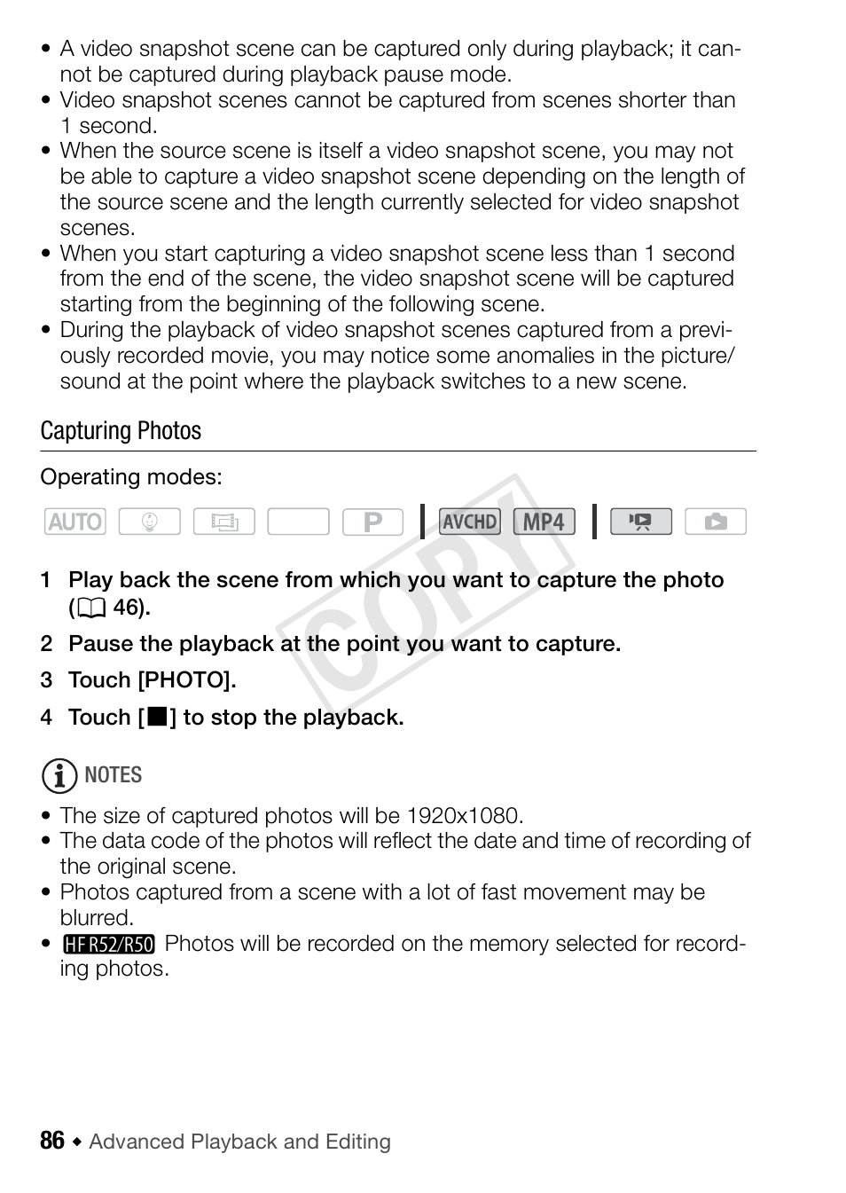 Cop y | Canon VIXIA HF R52 User Manual | Page 86 / 200