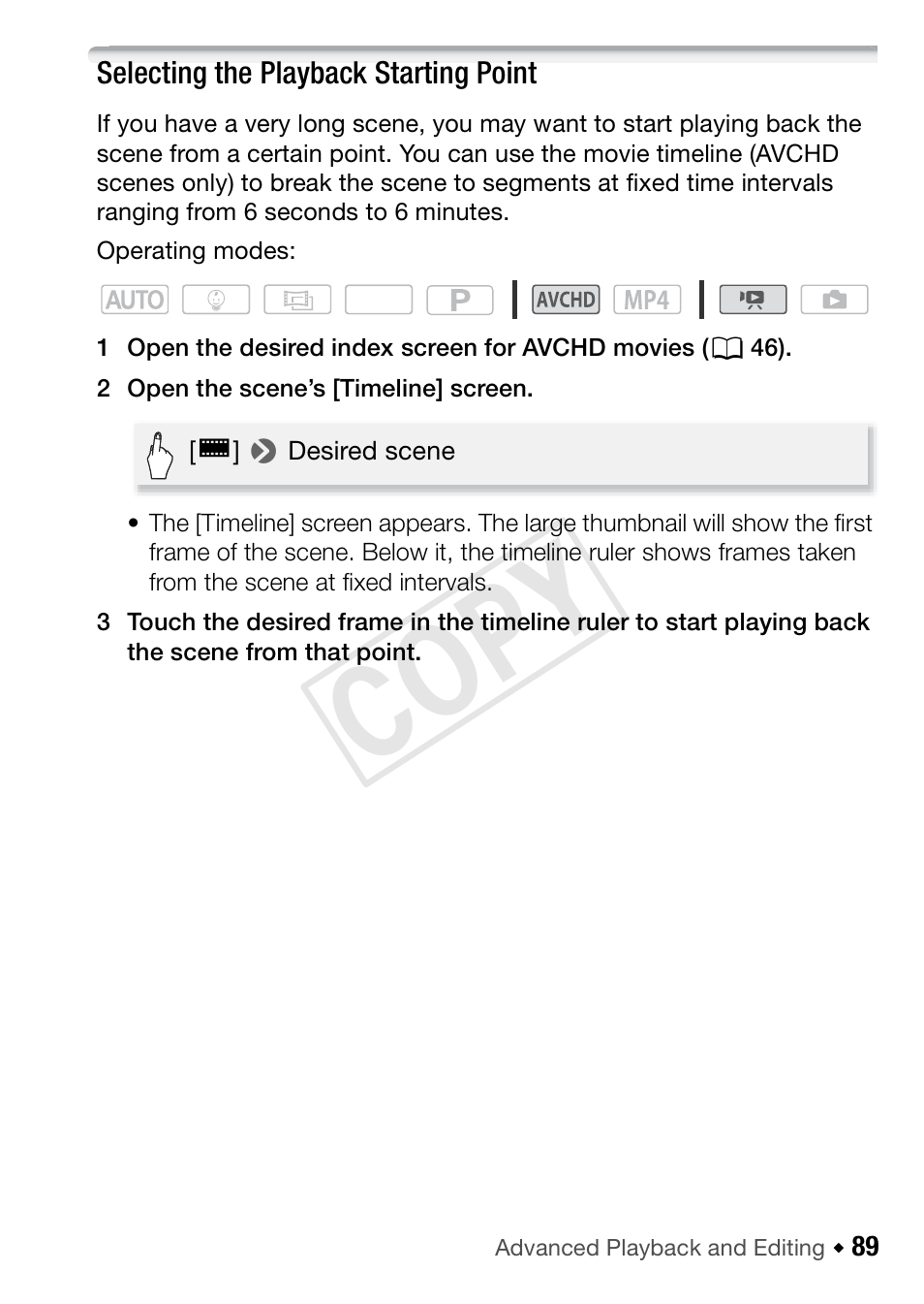 Selecting the playback starting point, Cop y | Canon VIXIA HF R52 User Manual | Page 89 / 200