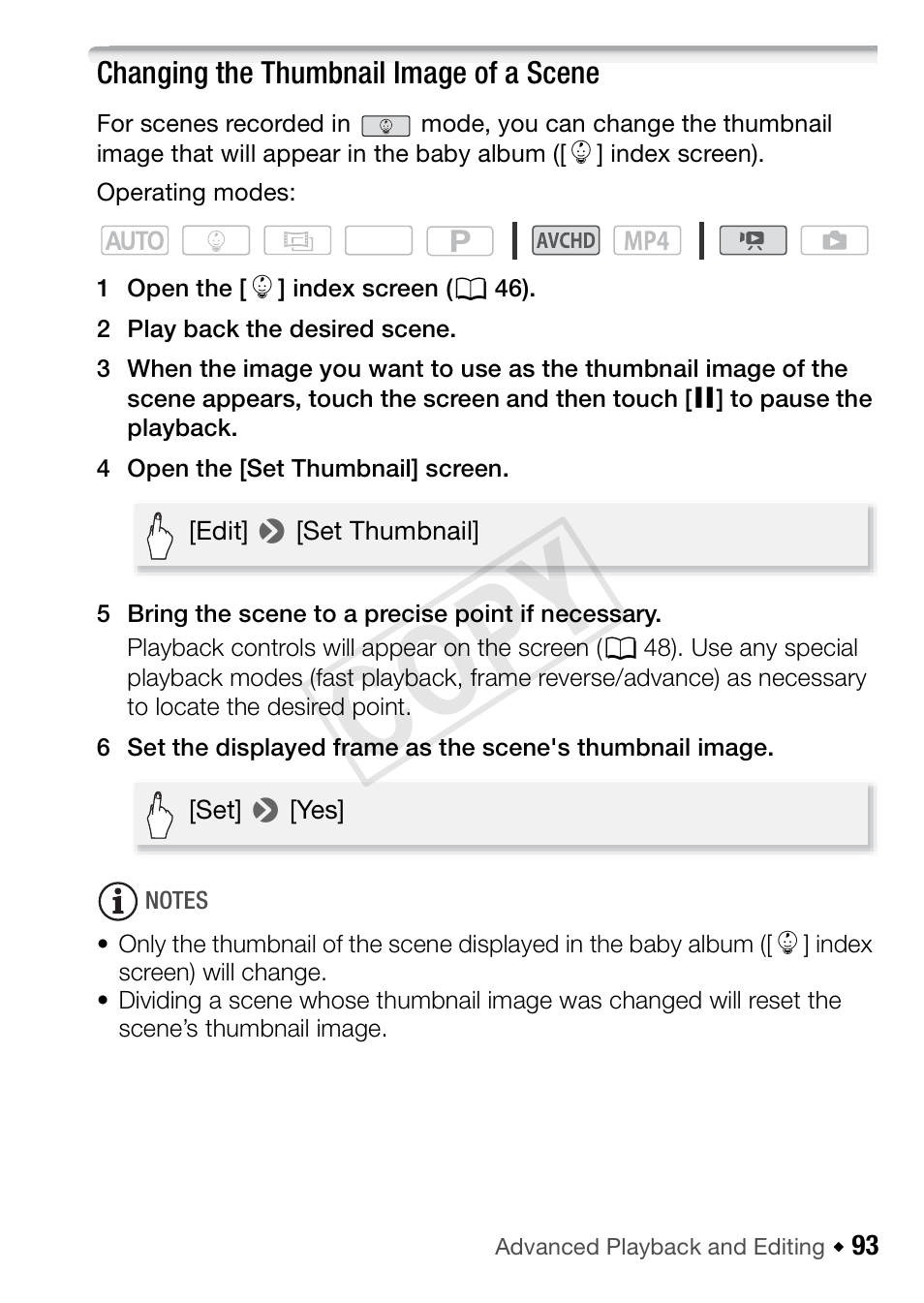 Changing the thumbnail image of a scene, Cop y | Canon VIXIA HF R52 User Manual | Page 93 / 200