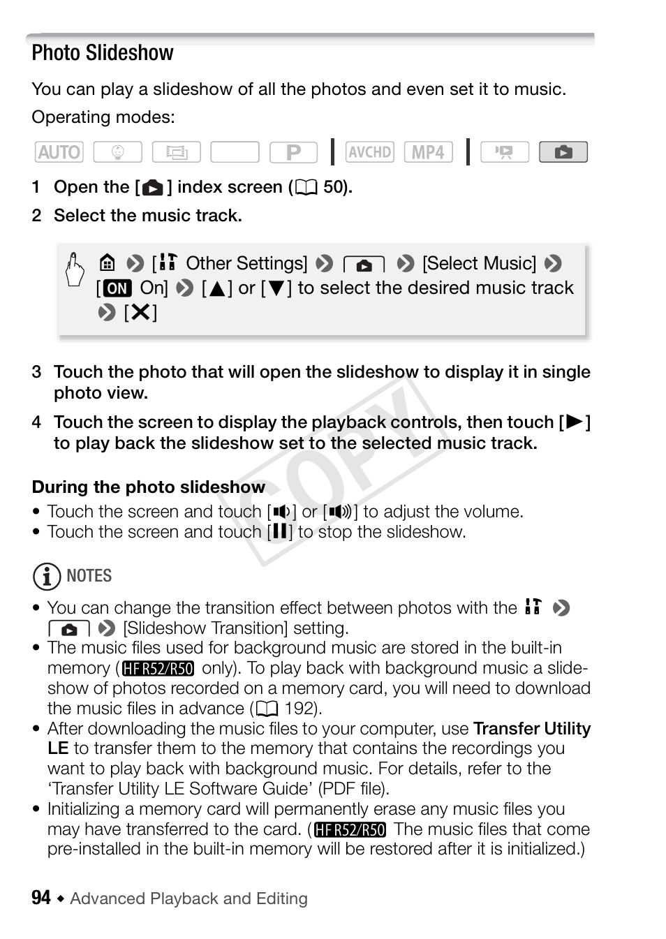 Photo slideshow, Cop y | Canon VIXIA HF R52 User Manual | Page 94 / 200