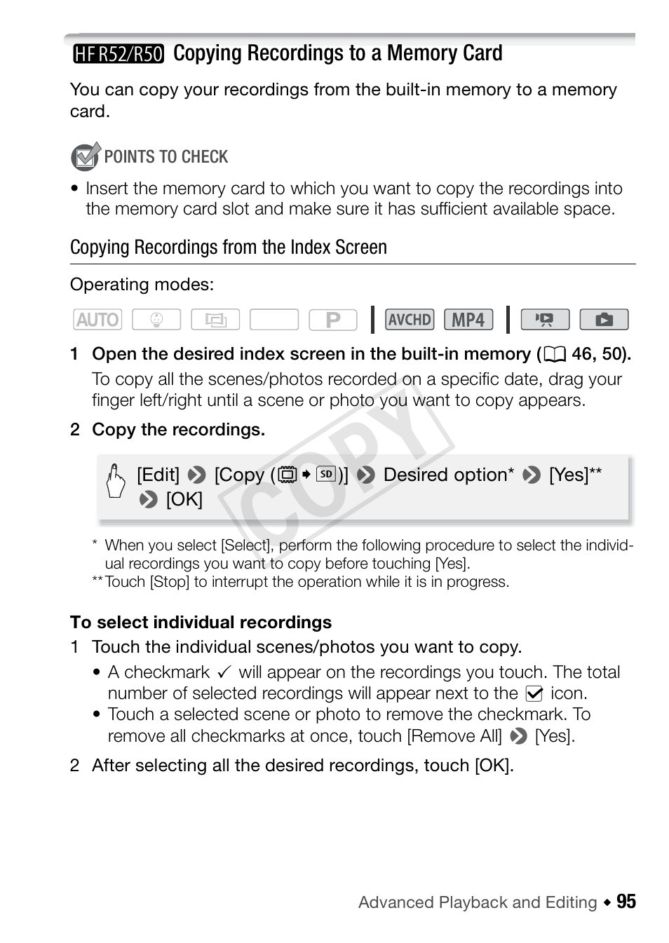 Hf r52/r50> copying recordings to a memory card, B copying recordings to a memory card, Cop y | Canon VIXIA HF R52 User Manual | Page 95 / 200