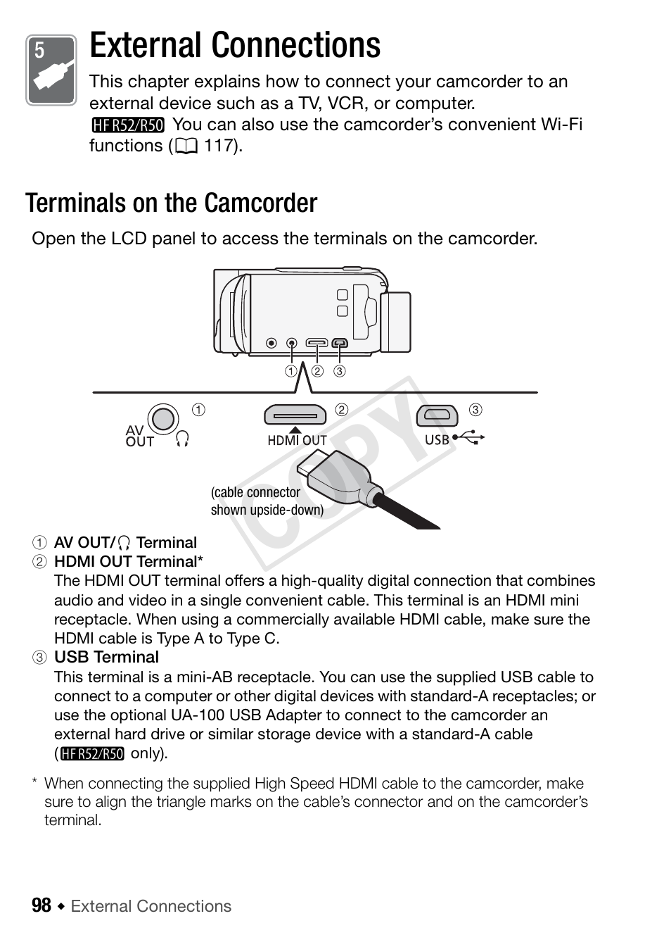 External connections, Terminals on the camcorder, Cop y | Canon VIXIA HF R52 User Manual | Page 98 / 200