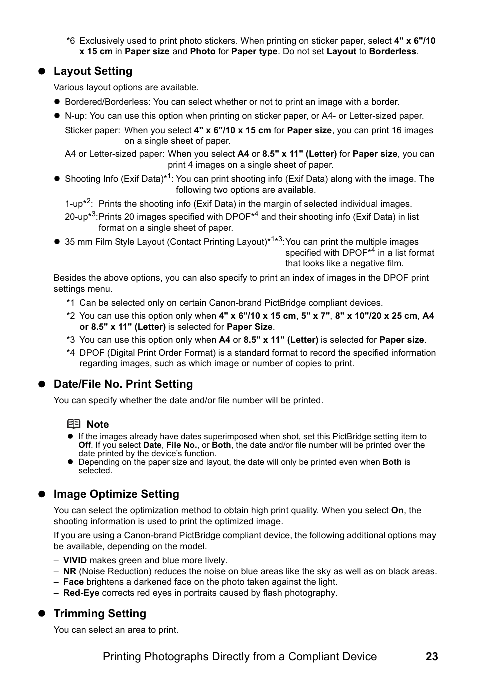 Zlayout setting, Zdate/file no. print setting, Zimage optimize setting | Ztrimming setting | Canon PIXMA iP100 User Manual | Page 27 / 92