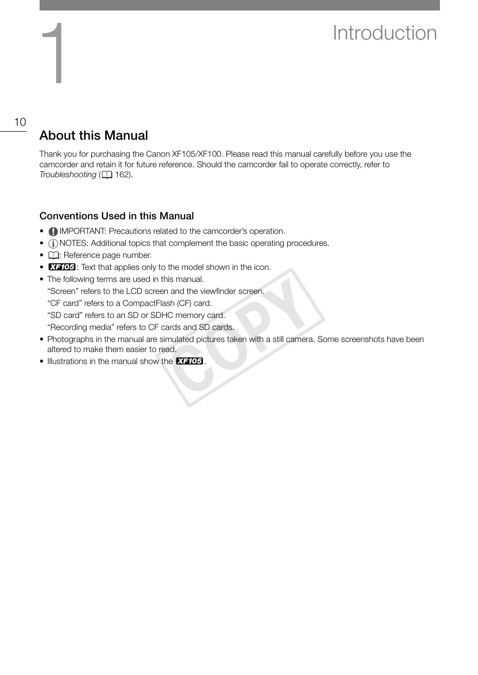 Introduction 10, About this manual 10, Conventions used in this manual 10 | Cop y, Introduction | Canon XF105 User Manual | Page 10 / 186