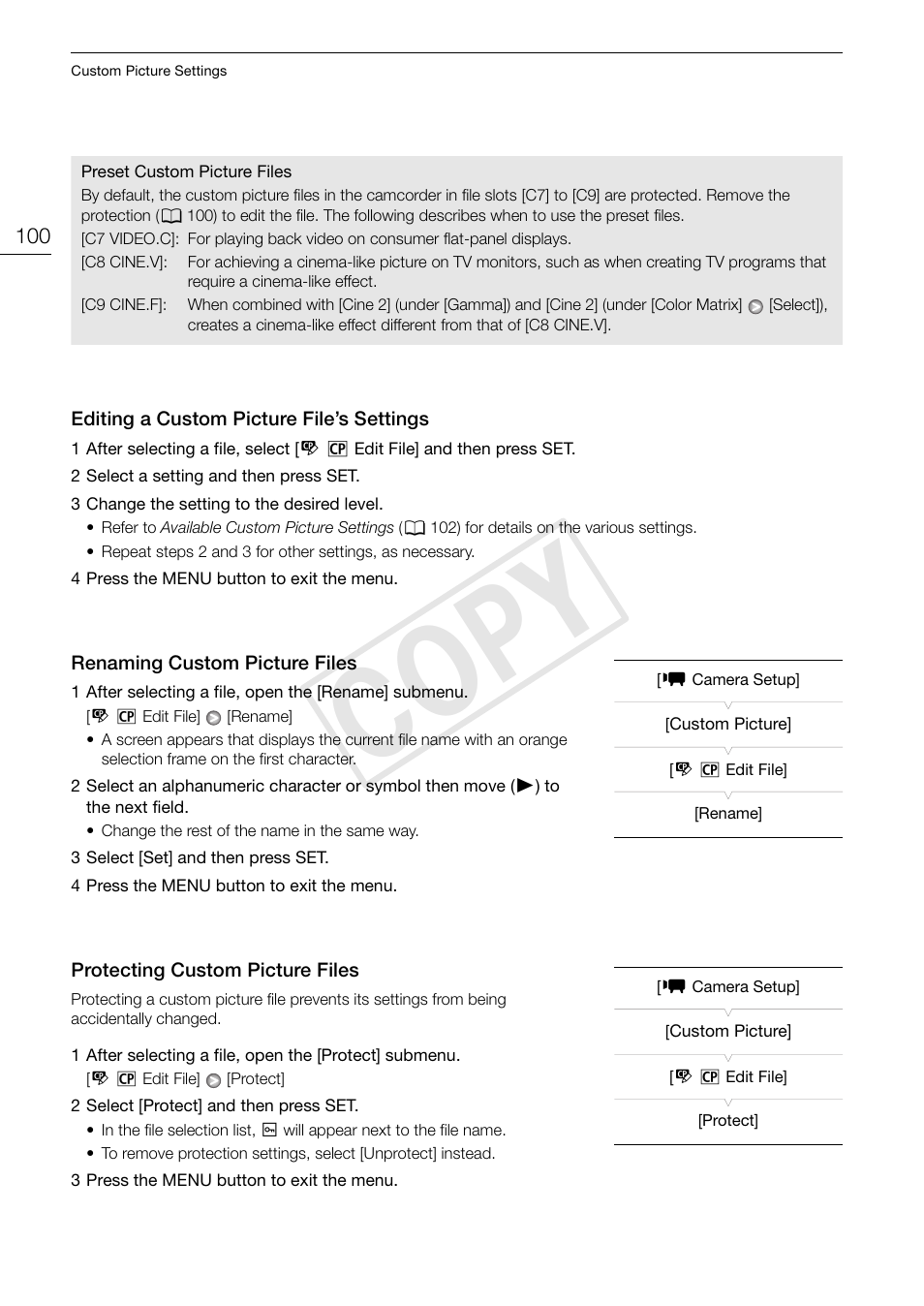 Protecting custom picture files 100, Cop y | Canon XF105 User Manual | Page 100 / 186