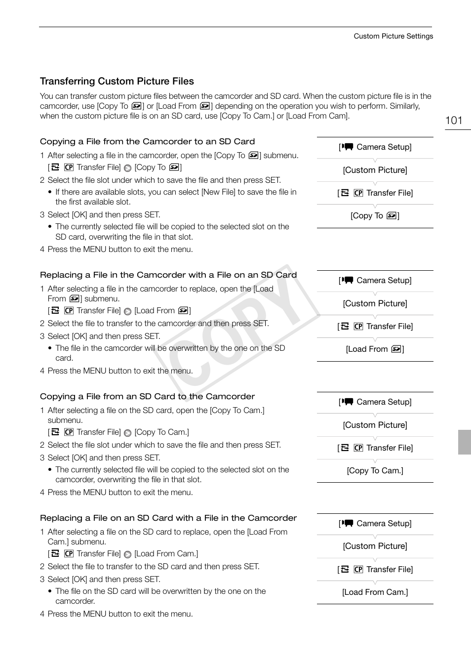 Transferring custom picture files 101, Cop y | Canon XF105 User Manual | Page 101 / 186