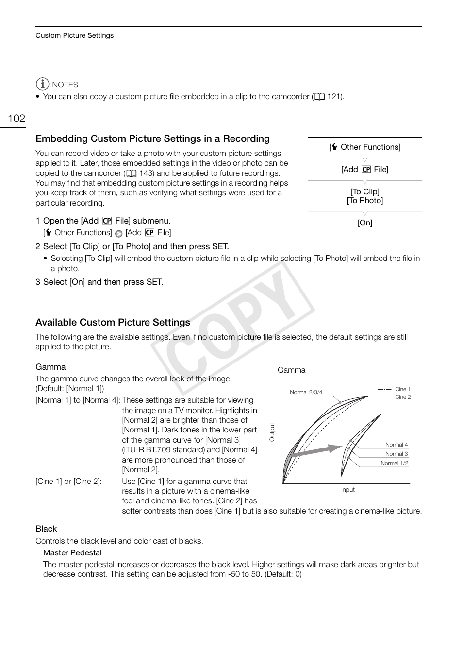 Embedding custom picture settings in a, Recording 102, Available custom picture settings 102 | Cop y | Canon XF105 User Manual | Page 102 / 186