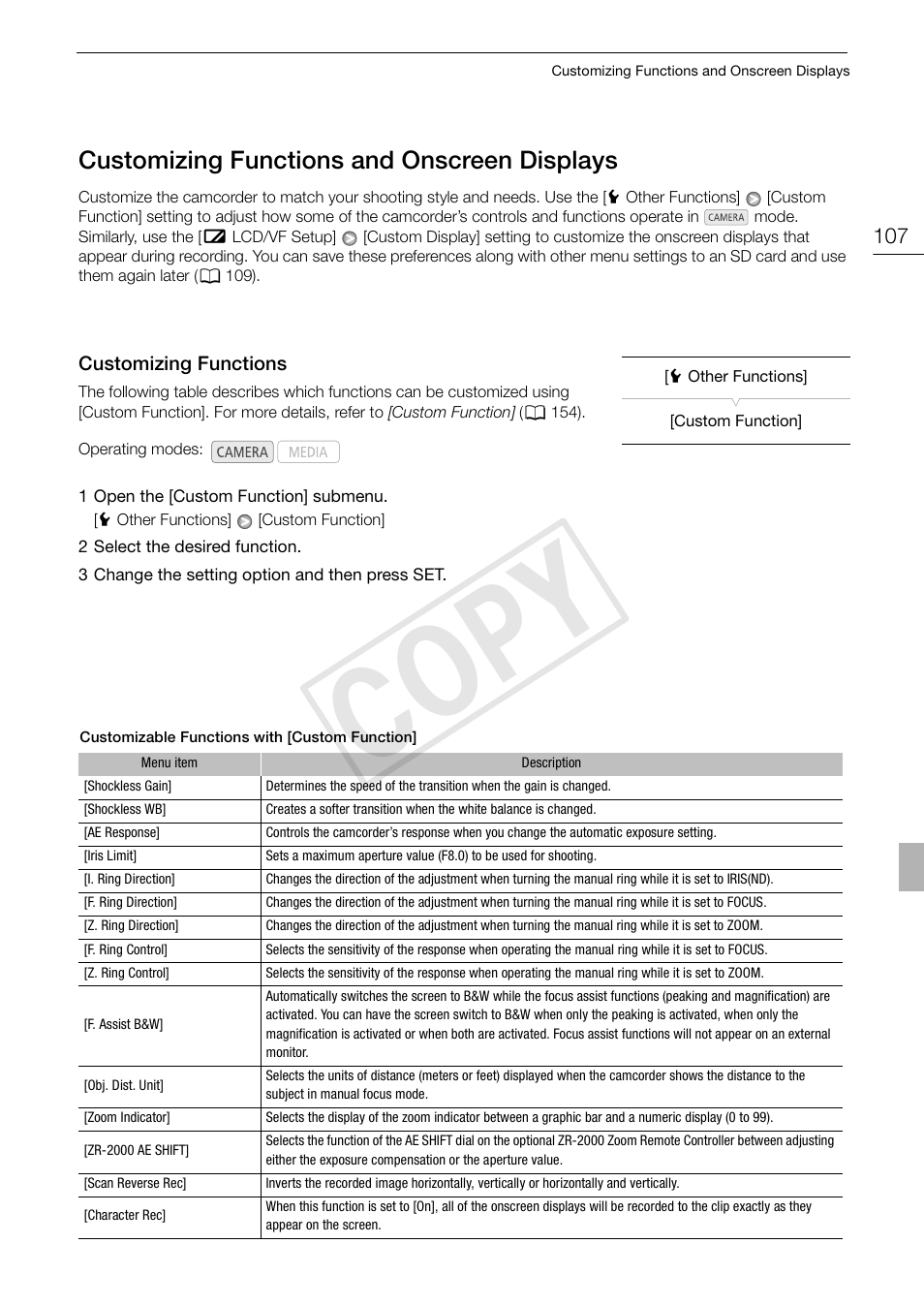 Customizing functions and onscreen, Displays 107, Customizing functions 107 | 107) t, Cop y, Customizing functions and onscreen displays | Canon XF105 User Manual | Page 107 / 186