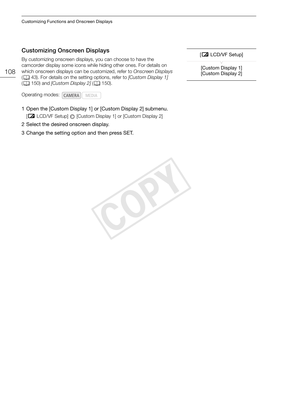 108) g, Customizing onscreen displays 108, Cop y | Canon XF105 User Manual | Page 108 / 186