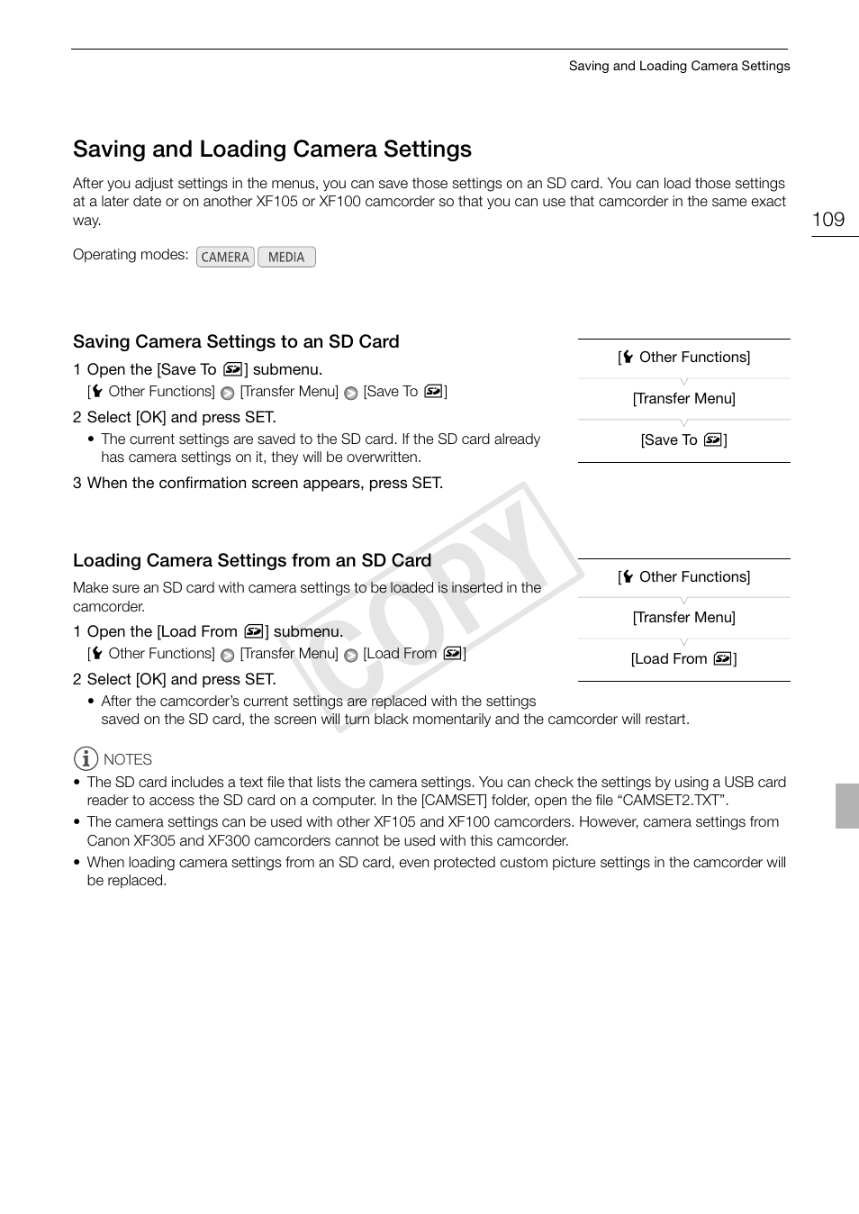 Saving and loading camera settings 109, Cop y | Canon XF105 User Manual | Page 109 / 186