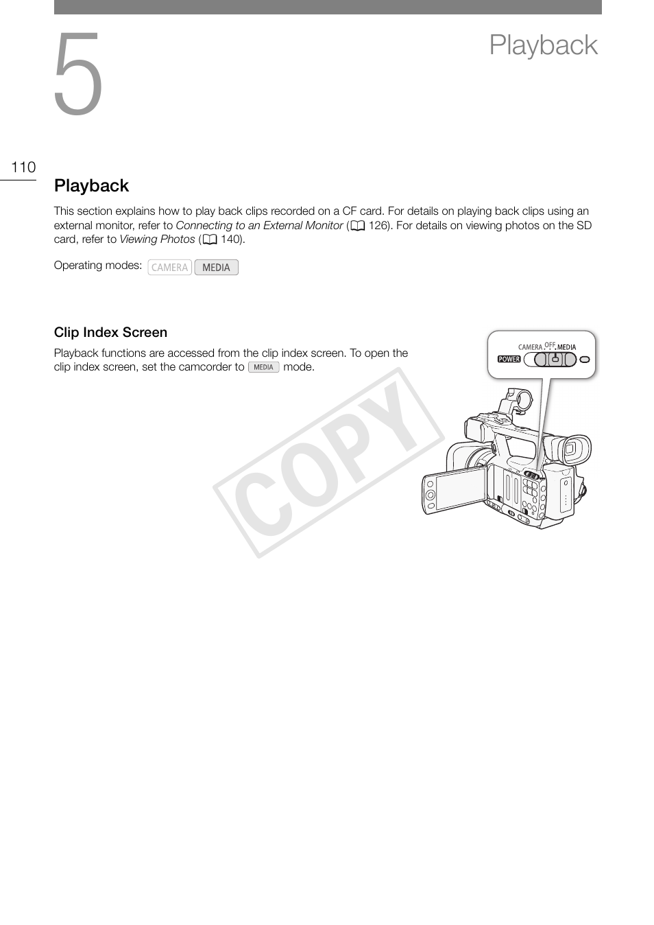 Playback 110, Clip index screen 110, Cop y | Canon XF105 User Manual | Page 110 / 186