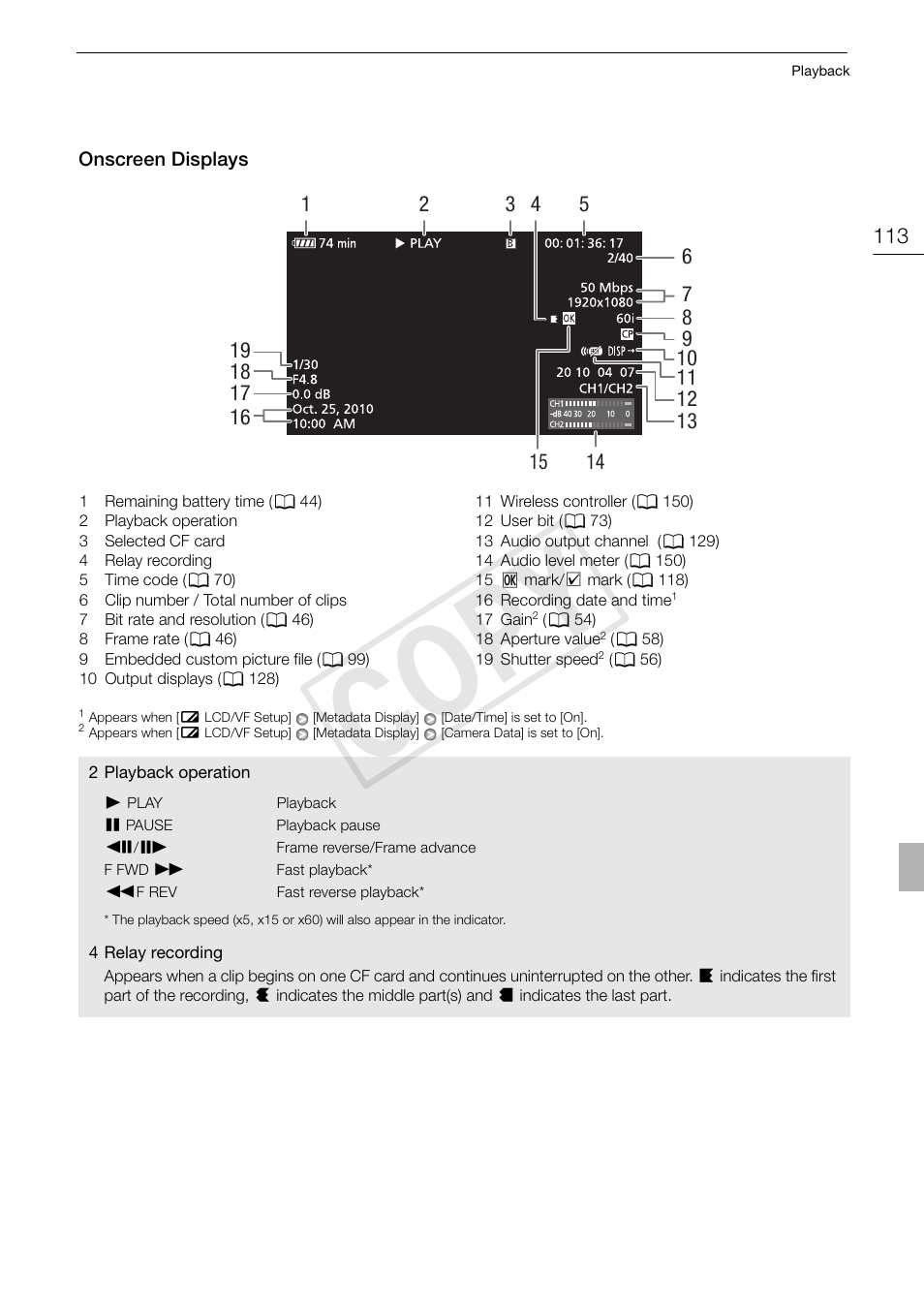 Onscreen displays 113, Cop y | Canon XF105 User Manual | Page 113 / 186