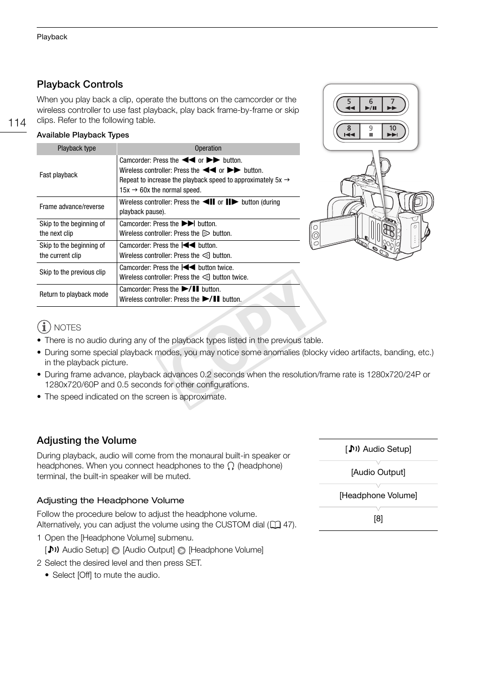 Playback controls 114 adjusting the volume 114, Cop y | Canon XF105 User Manual | Page 114 / 186