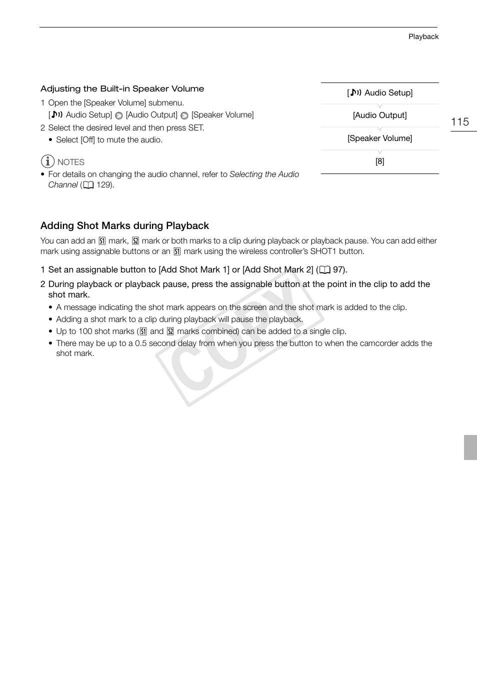 Adding shot marks during playback 115, Cop y | Canon XF105 User Manual | Page 115 / 186
