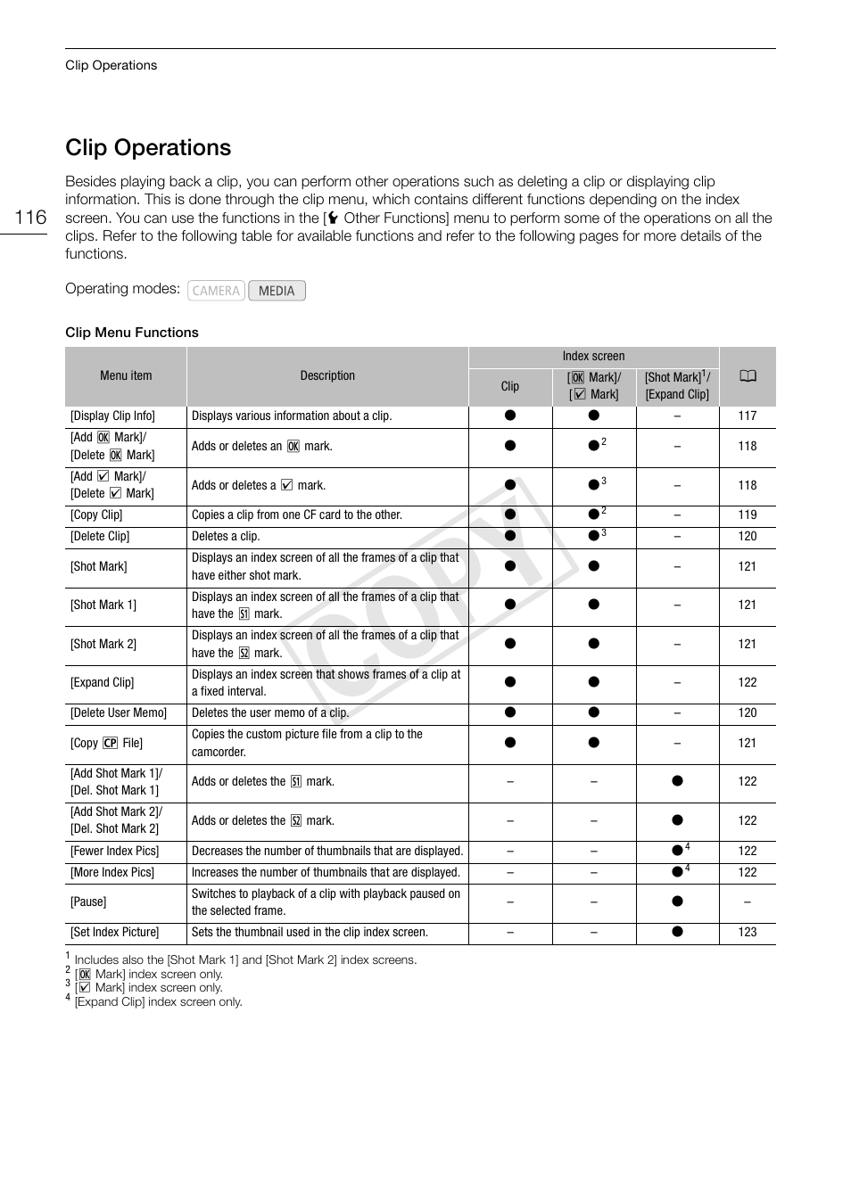 Clip operations 116, Cop y, Clip operations | Canon XF105 User Manual | Page 116 / 186