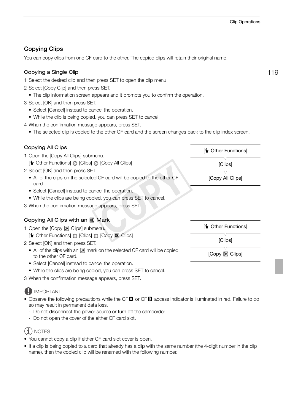Copying clips 119, Cop y | Canon XF105 User Manual | Page 119 / 186
