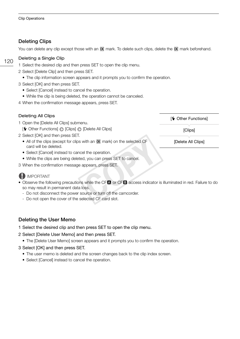 Deleting clips 120 deleting the user memo 120, Cop y | Canon XF105 User Manual | Page 120 / 186