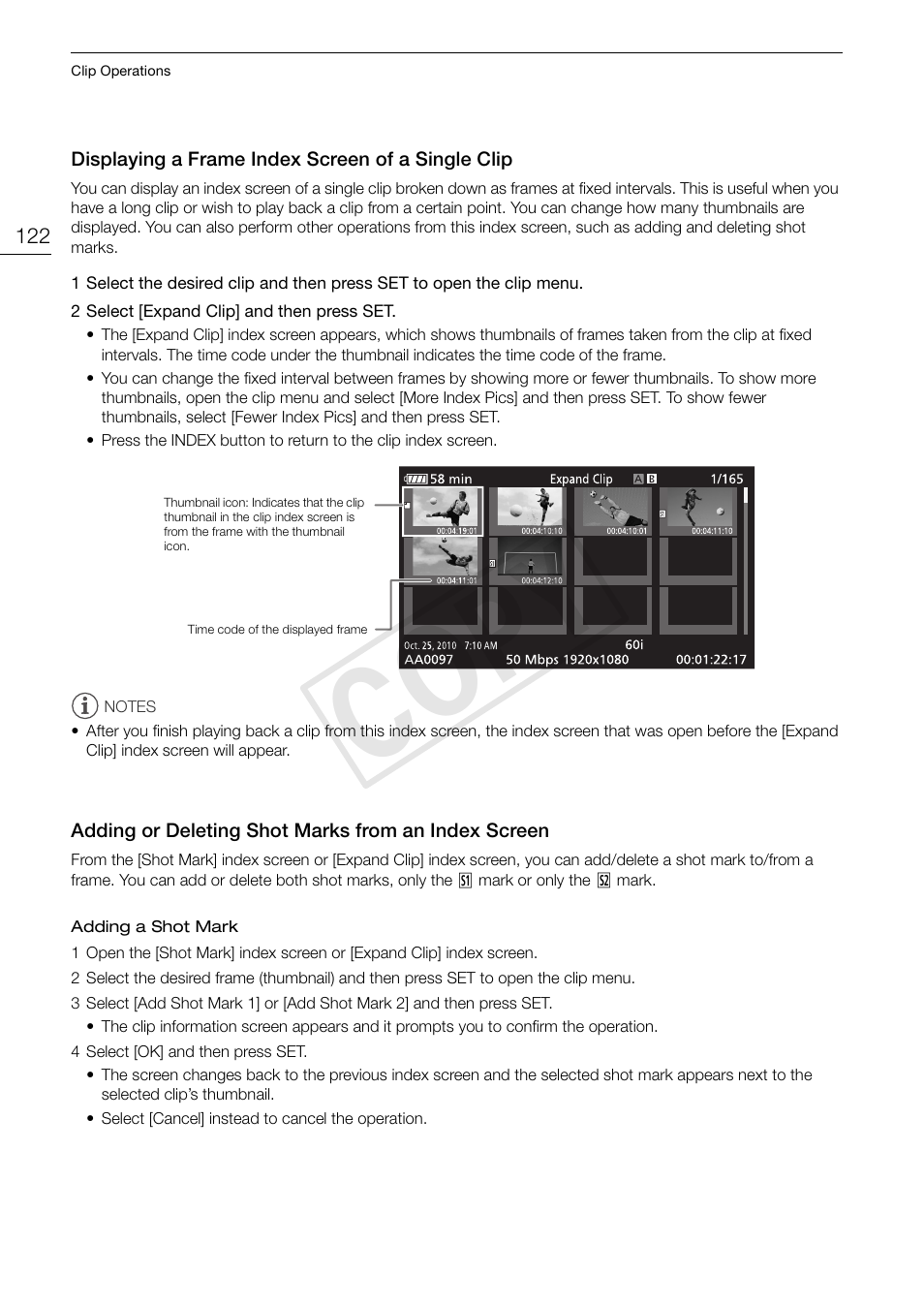Displaying a frame index screen of a single, Clip 122, Adding or deleting shot marks from an index | Screen 122, Cop y | Canon XF105 User Manual | Page 122 / 186