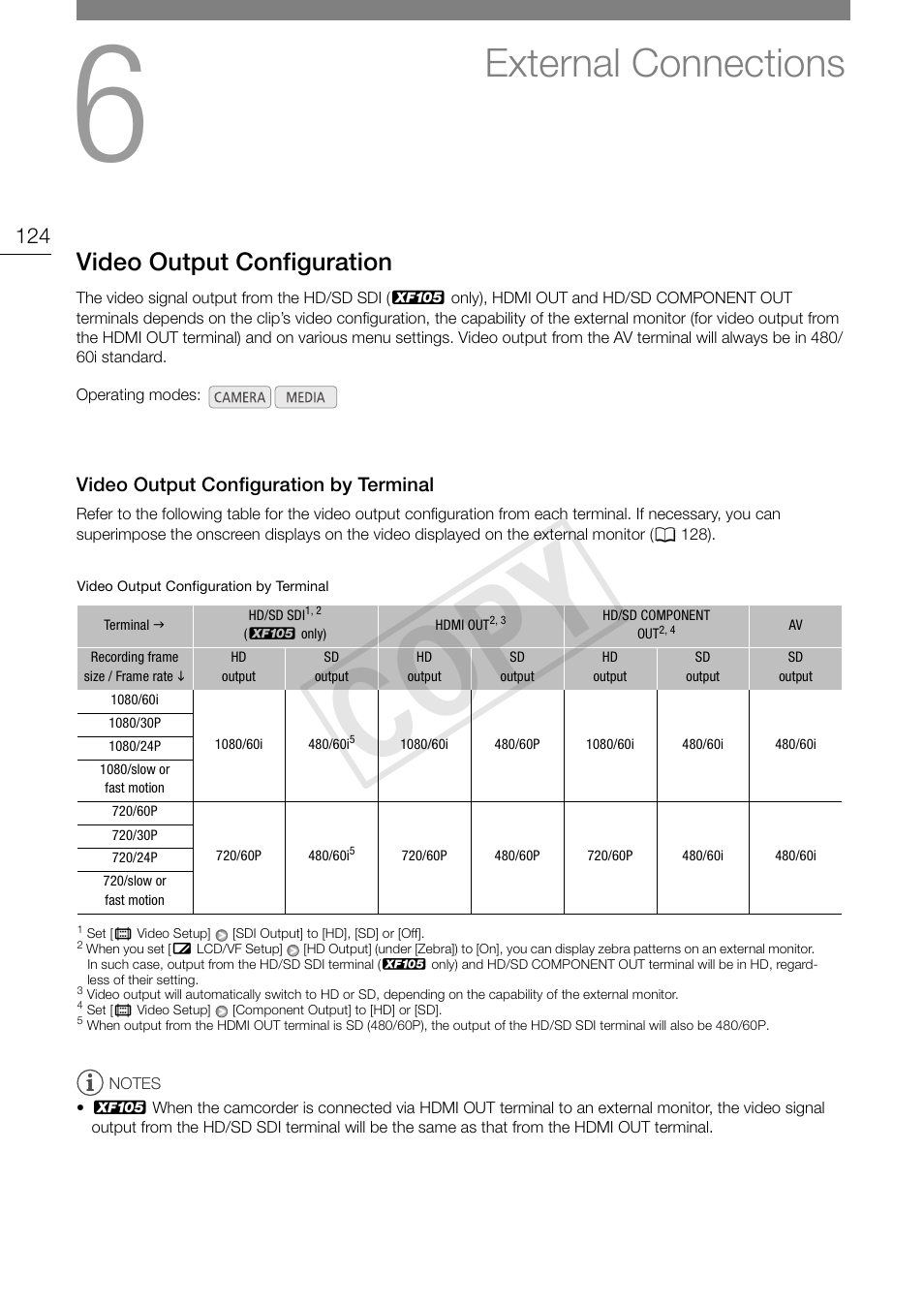External connections 124, Video output configuration 124, Video output configuration by terminal 124 | Cop y, External connections, Video output configuration | Canon XF105 User Manual | Page 124 / 186