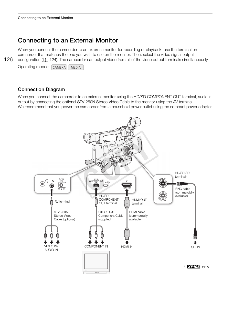 Connecting to an external monitor 126, Connection diagram 126, Cop y | Canon XF105 User Manual | Page 126 / 186