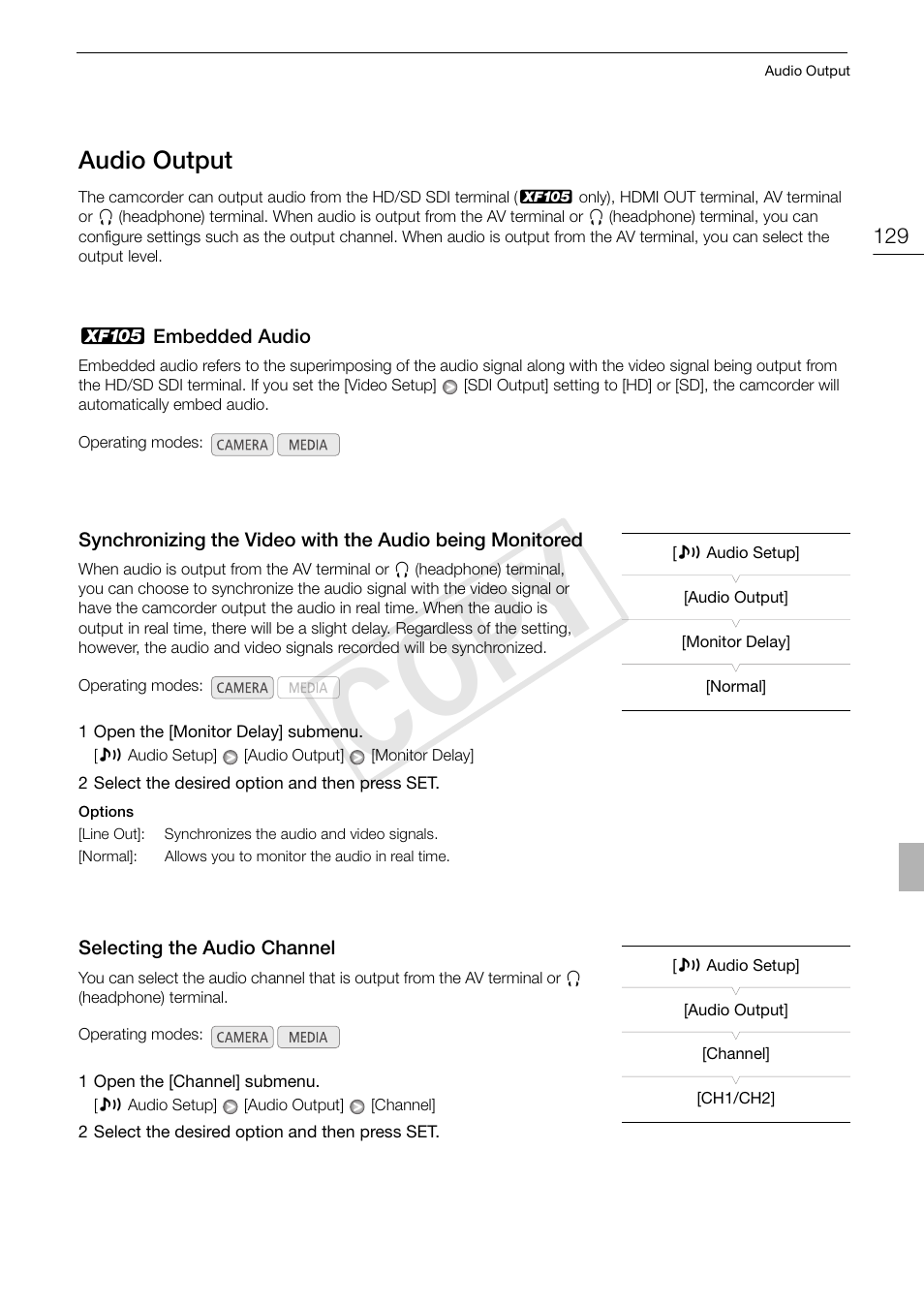 Audio output 129, Monitored 129, Selecting the audio channel 129 | Cop y | Canon XF105 User Manual | Page 129 / 186