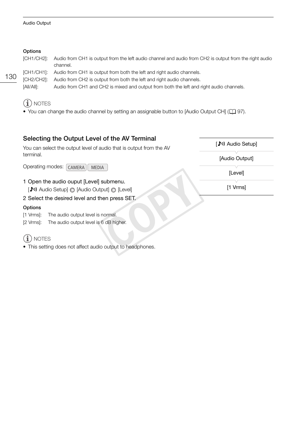 Selecting the output level of the av, Terminal 130, Cop y | Canon XF105 User Manual | Page 130 / 186