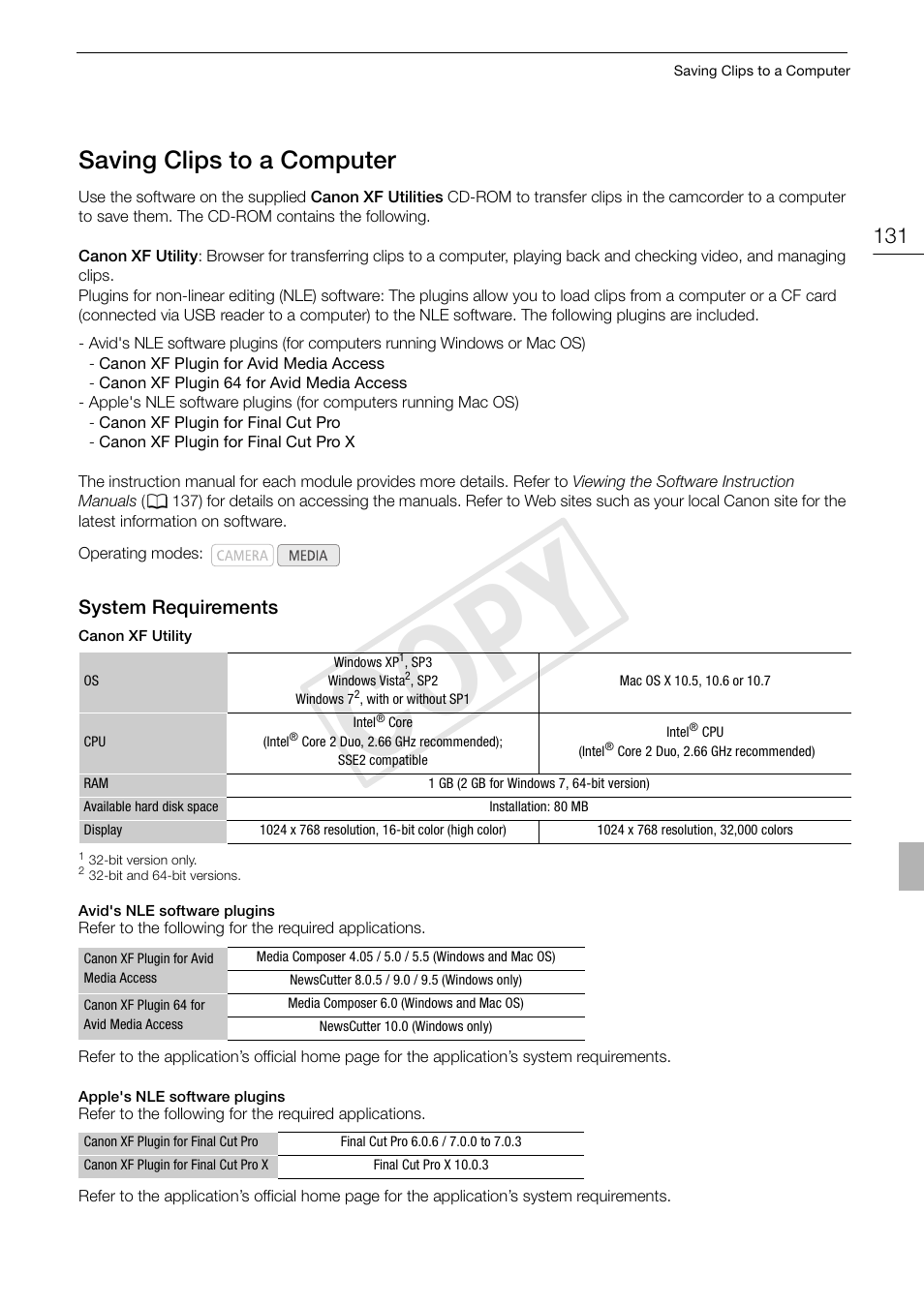 Saving clips to a computer 131, System requirements 131, 131), espec | Cop y, Saving clips to a computer | Canon XF105 User Manual | Page 131 / 186