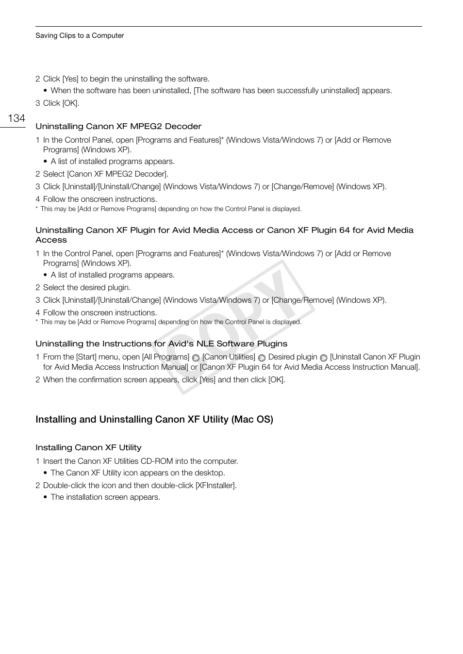 Installing and uninstalling canon xf utility, Mac os) 134, Cop y | Canon XF105 User Manual | Page 134 / 186