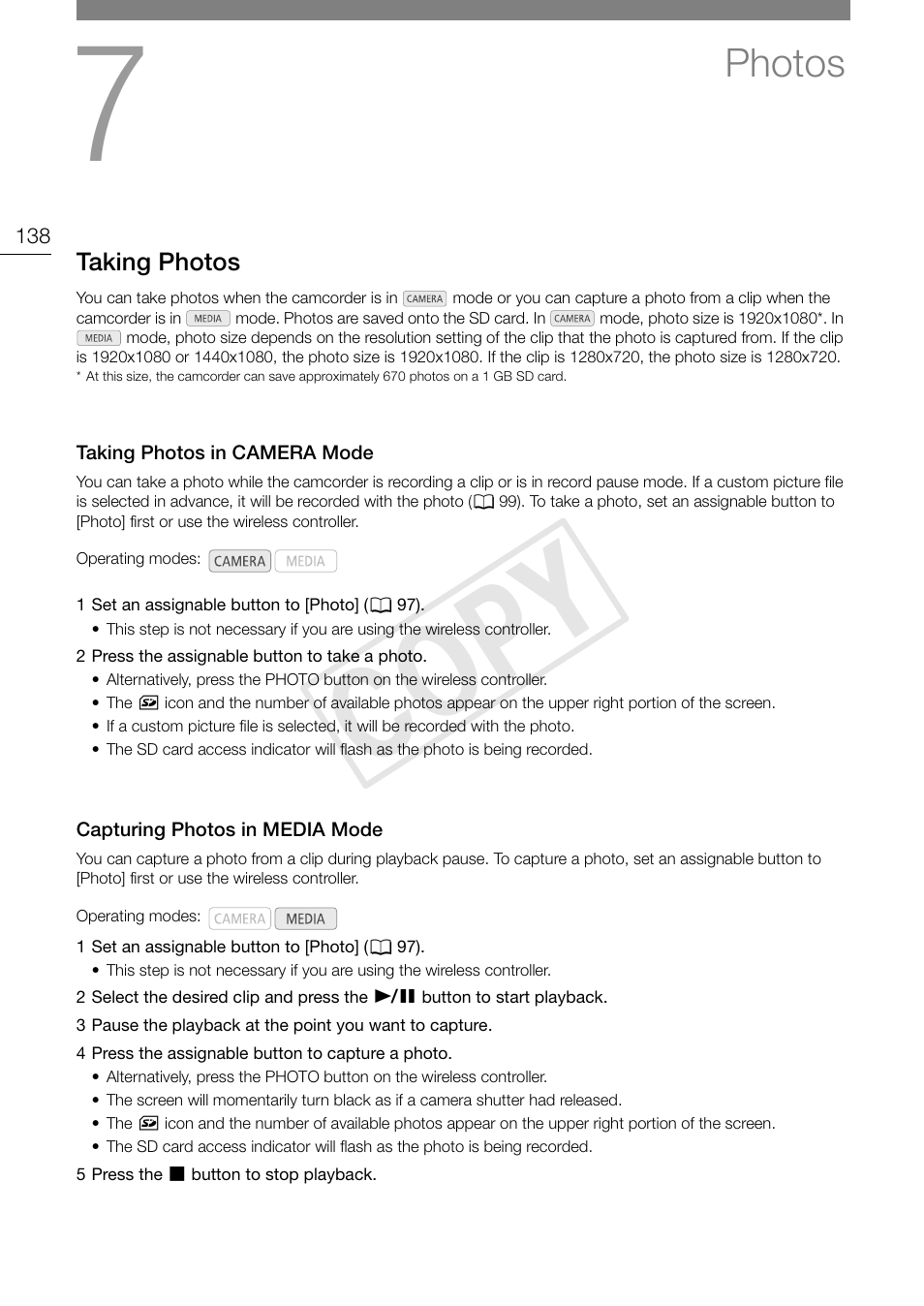 Photos 138, Taking photos 138, Cop y | Photos | Canon XF105 User Manual | Page 138 / 186