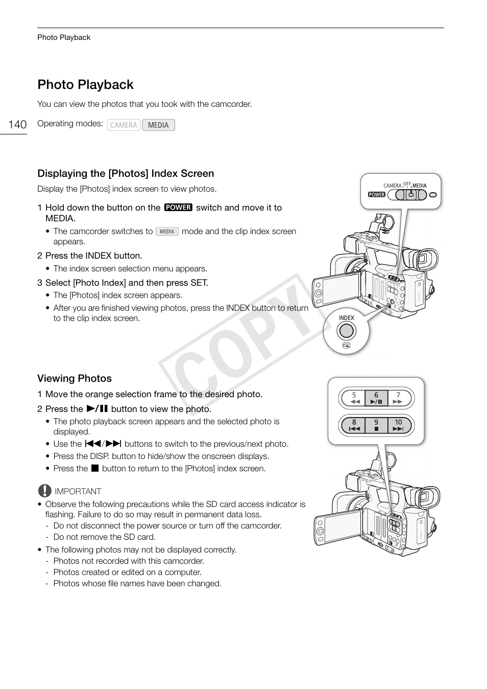 Photo playback 140, Cop y | Canon XF105 User Manual | Page 140 / 186